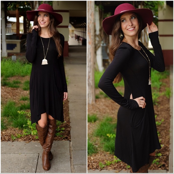 ✨LAST ONE✨Black Long Sleeve Asym. Dress w/Pockets - Picture 4 of 5
